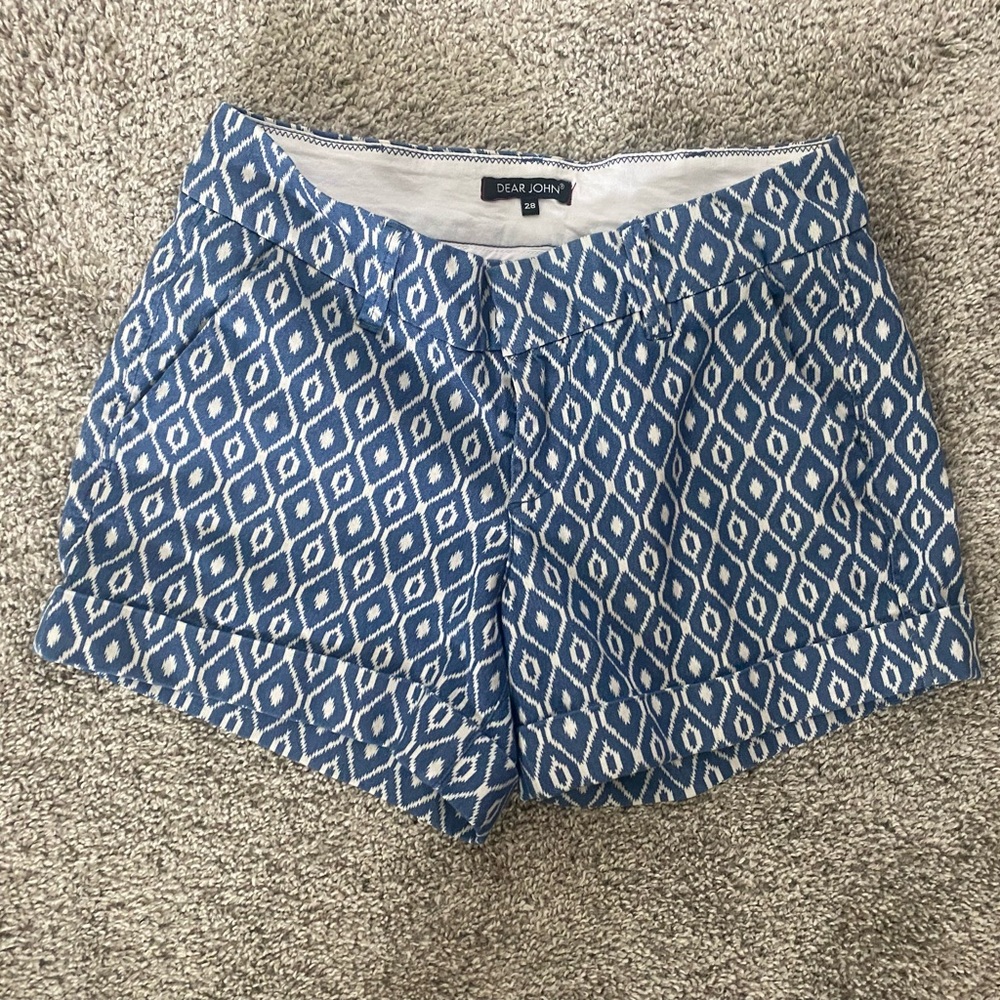 Dear John Blue and White Diamond Print High-Waist Shorts